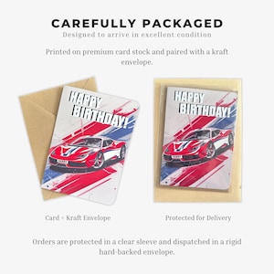 May include: A birthday greeting card featuring a red sports car with blue and white racing stripes, the text HAPPY BIRTHDAY!, and a personalised license plate reading HARRY. The card is shown with a brown kraft envelope and in a clear sleeve.