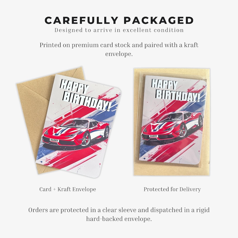 May include: A birthday greeting card featuring a red sports car with blue and white racing stripes, the text HAPPY BIRTHDAY!, and a personalised license plate reading HARRY. The card is shown with a brown kraft envelope and in a clear sleeve.