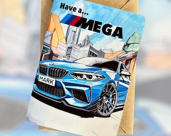 May include: A greeting card featuring a blue sports car illustration with the text "Have a... MEGA" and the name "MARK" on the license plate. The card is set against a cityscape background and a brown envelope.