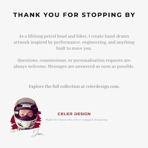 May include: A white informational card with black text reading THANK YOU FOR STOPPING BY, followed by a description of hand-drawn artwork, contact information, and the website celerdesign.com. Includes a logo for CELER DESIGN and a helmeted person.
