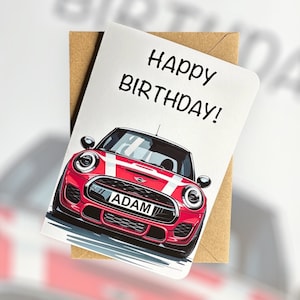 Carte d'anniversaire JCW Mini Cooper personnalisée Carte d'anniversaire Mini Cooper cadeau pour amateur de voiture cadeau pour ami cadeau personnalisé tête essence