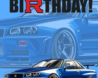 パーソナライズされた日産スカイライン GT-R R34 バースデーカード