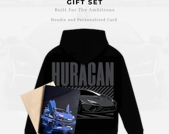 Set de regalo personalizado para coche Sudadera con capucha Tarjeta estampada Regalo de supercoche Sudadera Huracán Set de regalo Sudadera con capucha personalizada para coche Regalo de cumpleaños para él Regalo para amante de los coches