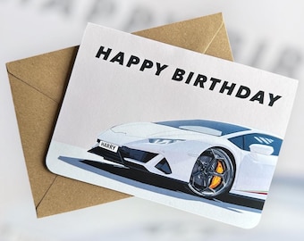 Tarjeta de cumpleaños personalizada con diseño de superdeportivo. Regalos para amantes de los coches. Tarjeta de cumpleaños con diseño de coche deportivo. Regalo para aficionados al motor.
