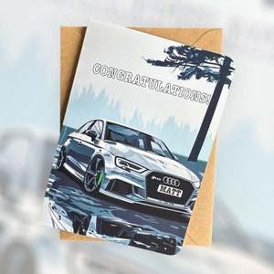 Gepersonaliseerde bericht en registratie RS3-verjaardagskaart Audi-verjaardagskaart Vaderdagkaart Aangepaste verjaardagskaart Cadeau voor autoliefhebber