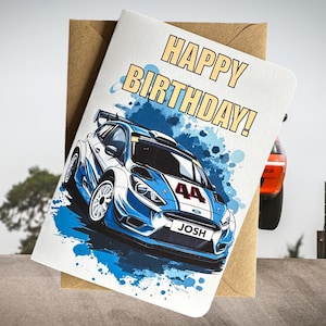 Gepersonaliseerde rallyauto verjaardagskaart Raceauto verjaardagskaart autoliefhebber verjaardagskaart cadeau voor autoliefhebber verjaardagskaart voor hem print rallywagen