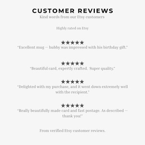 May include: A graphic display of customer reviews featuring the heading CUSTOMER REVIEWS, Kind words from our Etsy customers, and Highly rated on Etsy. Four five-star ratings are shown with individual testimonials about a mug and cards.