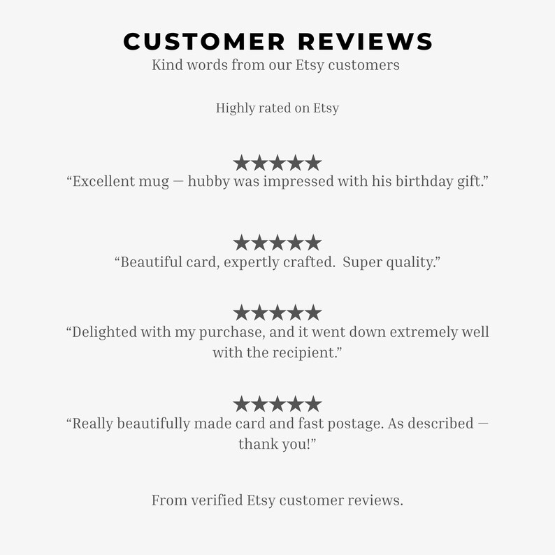 May include: A graphic display of customer reviews featuring the heading CUSTOMER REVIEWS, Kind words from our Etsy customers, and Highly rated on Etsy. Four five-star ratings are shown with individual testimonials about a mug and cards.