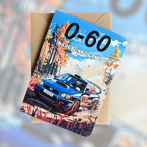 Registrazione personalizzata e biglietto di auguri di compleanno per auto da rally 0-60 Biglietto di auguri di compleanno per auto da rally personalizzato Biglietto di auguri di compleanno per Subaru Impreza, regalo per amanti delle auto