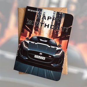 パーソナライズされたスポーツカーの誕生日カード、車愛好家の誕生日カード、車好きの誕生日カード、ジャガー F-Type の誕生日カード、車好きへのギフト