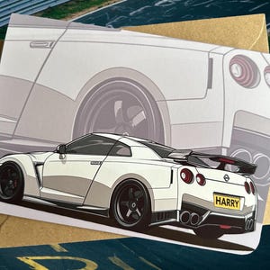 Tarjeta de cumpleaños personalizada del Nissan GTR. Ideas de regalo para amantes de los coches. Tarjeta de cumpleaños para amantes de los coches. Tarjeta de cumpleaños para amantes de los coches. Tarjeta de cumpleaños GTR.