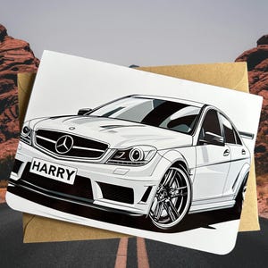 Carte d'anniversaire personnalisée pour voiture de sport, carte d'anniversaire pour amateur de voiture, carte Mercedes-Benz C63, cadeau pour ami, cadeau pour collègue, tête essence, cadeau