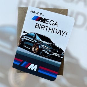 Carte d'anniversaire personnalisée pour voiture, plaque d'immatriculation personnalisée, carte d'anniversaire pour BMW M4, cadeau pour ami, cadeau pour fan de voiture, tête essence