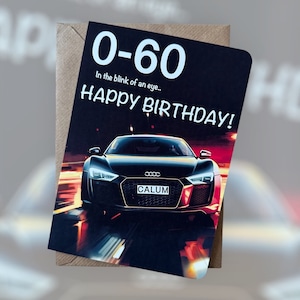 Carte d'anniversaire personnalisée pour enregistrement de supercar, carte d'anniversaire Audi R8, carte d'anniversaire pour passionné de voiture, carte d'anniversaire Audi, cadeau pour amateur de voiture