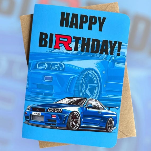 パーソナライズされた日産スカイライン GT-R R34 バースデーカード