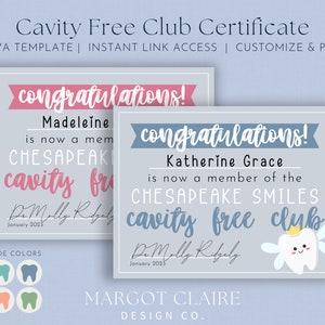 Cavity Free Club Zertifikat - Canva Pro Vorlage | Kinderzahnarztpraxis Zertifikat | Vollständig anpassbare Canva Pro Vorlage