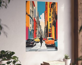 Colorful Vintage City Street, Retro Cars, Urban Alleyway Art - Matte Vertical Poster