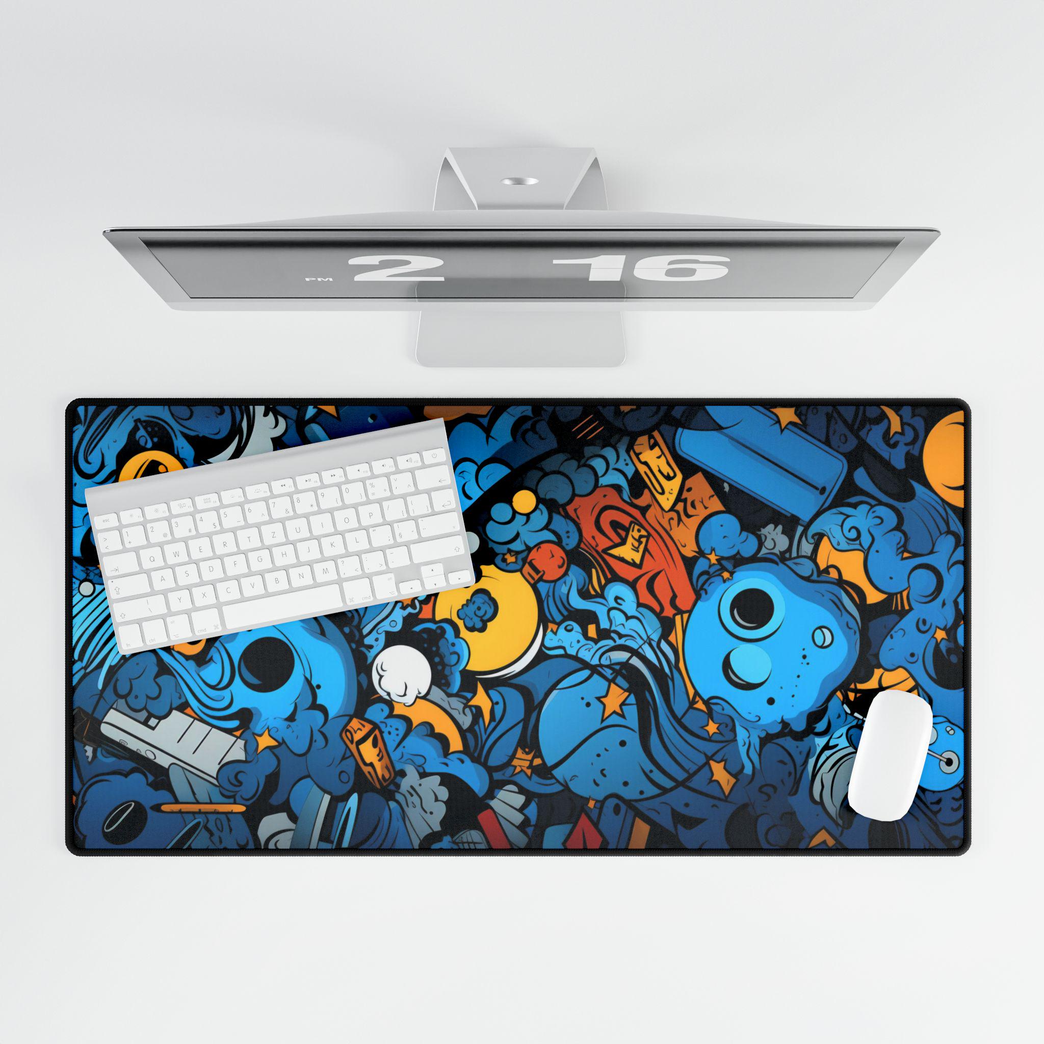Blue Doodle Characters Desk Mat | Cartoon Space Creatures Mouse Pad - Etsy