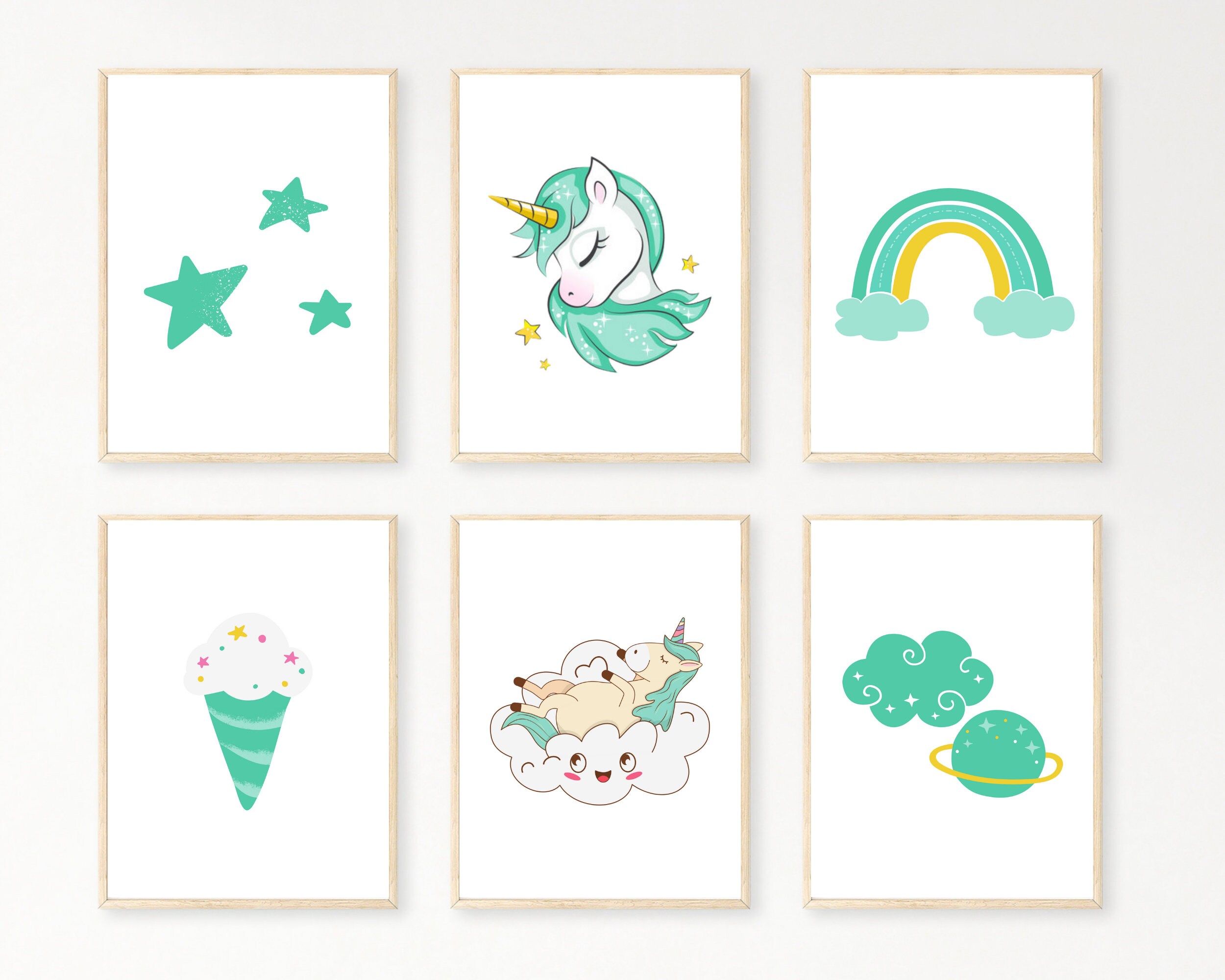 Set of 6 Unicorn Wall Art Set, Printable Unicorn Art, Nursery Decor