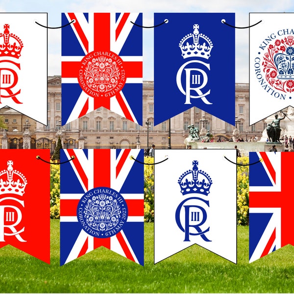 Printable digital download coronation bunting with 8 different designs. Union Jack flag, kings coronation, garland, sign, banner, crowning