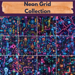 Puede incluir: Una colección de nueve impresiones de arte digital que presentan patrones de cuadrícula de neón en varios colores, incluidos el rosa, el azul, el verde y el amarillo. Los patrones se asemejan a placas de circuito o redes digitales.