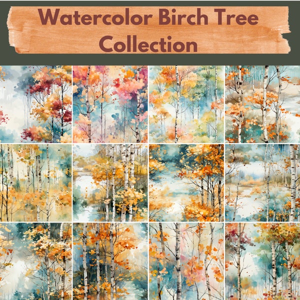 Watercolor Birch Tree Digital Paper -- Seamless Pattern -- Birch Tree Backgrounds -- 12 Designs -- Commercial and Personal Use --