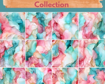 May include: A collection of 12 digital art prints featuring abstract patterns in shades of pink, blue, and white with gold accents. The prints are inspired by alcohol ink art.