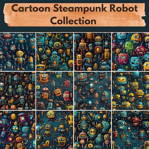 Cartoon Steampunk Robot Digital Paper -- Seamless Pattern -- Robot Backgrounds -- 12 Designs -- Commercial and Personal Use --