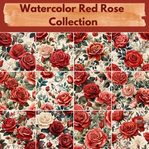 Watercolor Red Rose Flowers Digital Paper -- Seamless Pattern --Flower Backgrounds -- 12 Designs -- Commercial and Personal Use --