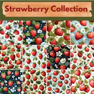 Strawberry Digital Paper -- Seamless Pattern -- Strawberry Backgrounds -- 12 Designs -- Commercial and Personal Use --