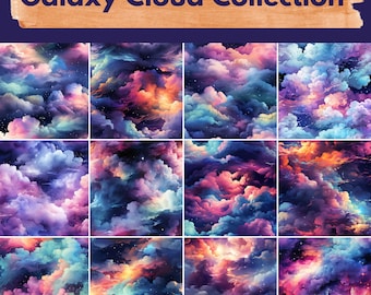 Galaxy Cloud Digital Paper -- Patrón sin fisuras -- Fondos de nubes -- 12 diseños -- Uso comercial y personal --
