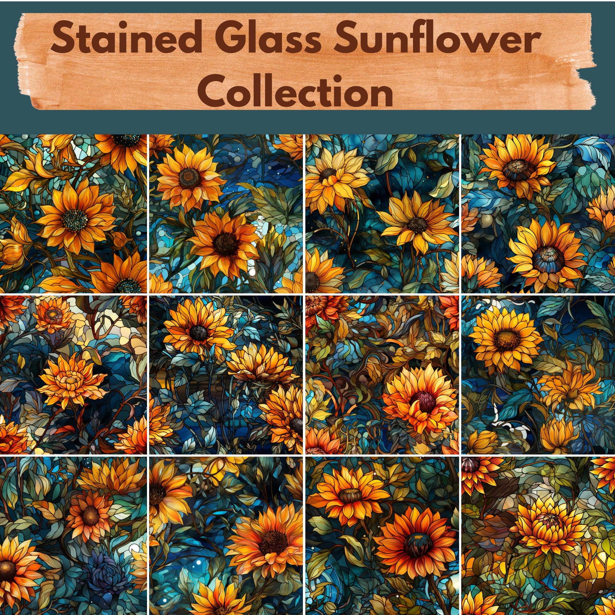 Stained Glass Sunflower Digital Paper -- Seamless Pattern -- Flower ...