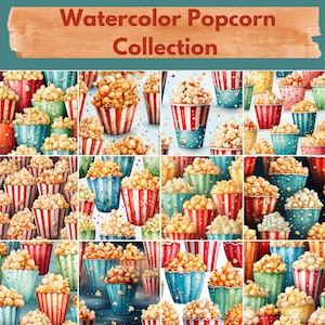 May include: A collection of nine watercolor illustrations featuring popcorn in red and blue striped containers. The popcorn is yellow and white and the background is white with scattered confetti.