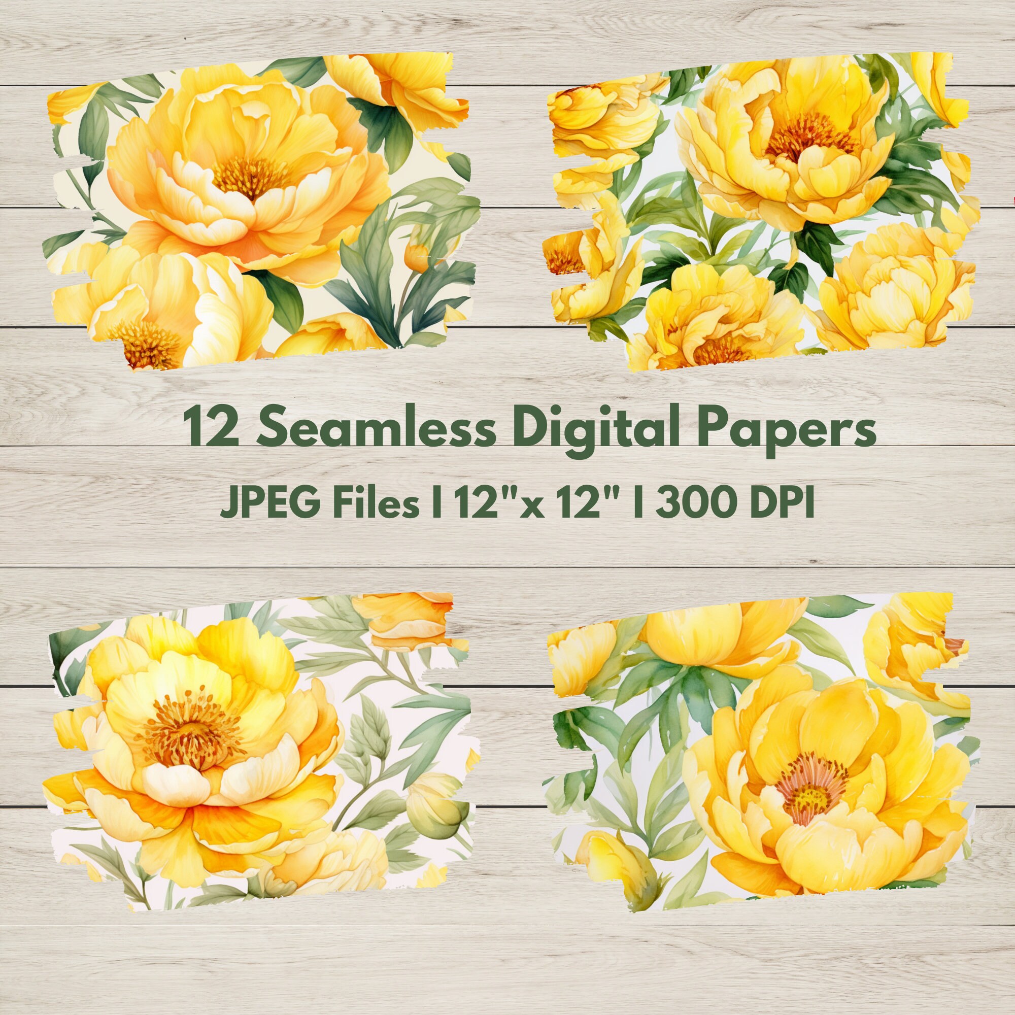 Watercolor Yellow Peony Flowers Digital Paper -- Seamless Pattern ...