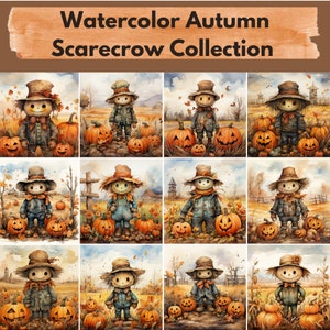 May include: Watercolor painting of a collection of scarecrows dressed in overalls and hats, holding pumpkins. The scarecrows are standing in a field with pumpkins and fall foliage.