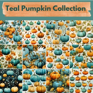 Teal Pumpkins Digital Paper -- Seamless Pattern -- Pumpkin Backgrounds -- 12 Designs -- Commercial and Personal Use --