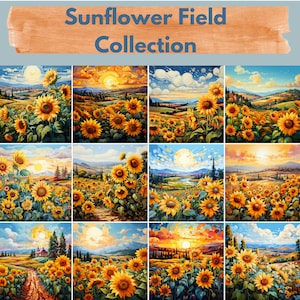 Może przedstawiać: Kolekcja 12 obrazów cyfrowych przedstawiających żywe, żółte słoneczniki na polu. Każdy obraz przedstawia inną scenę z różnymi tłami, w tym falistymi wzgórzami, błękitnym niebem i zachodami słońca.