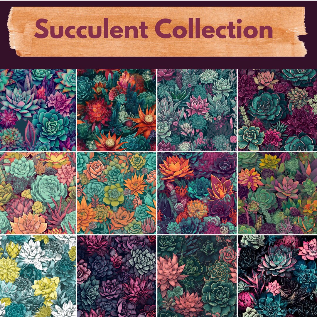 Succulent Digital Paper -- Seamless Pattern -- Flower Backgrounds -- 12 ...
