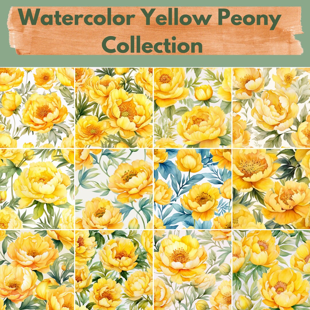 Watercolor Yellow Peony Flowers Digital Paper -- Seamless Pattern ...