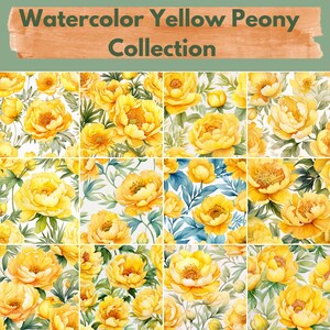 Watercolor Yellow Peony Flowers Digital Paper -- Seamless Pattern -- Flower Backgrounds -- 12 Designs -- Commercial and Personal Use --