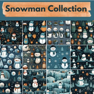 May include: A collection of 10 seamless patterns featuring cute snowmen in various winter scenes. The patterns are in shades of blue, white, and brown, with snowflakes, trees, and other winter elements.