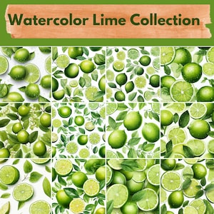 Könnte beinhalten: Eine Sammlung von Aquarell-Illustrationen von Limetten. Das Bild zeigt verschiedene Muster von ganzen und geschnittenen Limetten, mit grünen Blättern und Wassertropfen. Der Text "Watercolor Lime Collection" ist oben auf braunem Hintergrund zu sehen.