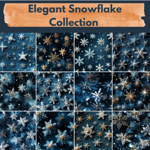 May include: A collage of nine images featuring various snowflake designs. Each image showcases a different arrangement of snowflakes, with some featuring gold accents. The snowflakes are set against a dark blue background.