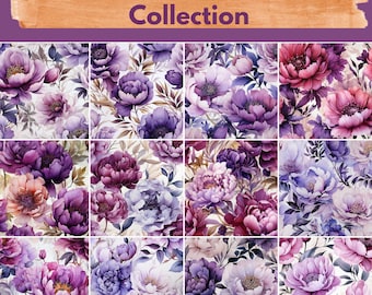 Watercolor Purple Peony Flowers Digital Paper -- Seamless Pattern --Flower Backgrounds -- 12 Designs -- Commercial and Personal Use --