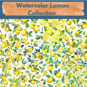 Papier numérique aquarelle citron--Modèle sans couture--Fonds de citron--12 dessins--Utilisation commerciale et personnelle--