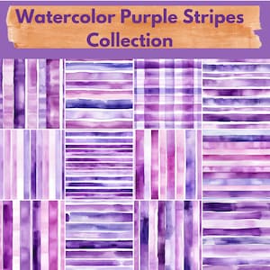 Papier numérique à rayures violettes aquarelle--Modèle sans couture--Fonds rayés--12 dessins--Utilisation commerciale et personnelle--