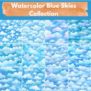 Watercolor Blue Skies Digital Paper -- Seamless Pattern -- Cloud Backgrounds -- 12 Designs -- Commercial and Personal Use --