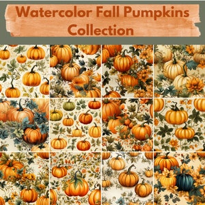 Watercolor Fall Pumpkins Digital Paper -- Seamless Pattern -- Pumpkin Backgrounds -- 12 Designs -- Commercial and Personal Use --