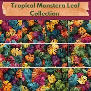 May include: A collection of 12 digital seamless patterns featuring colourful tropical monstera leaves. The patterns are perfect for creating unique and vibrant designs for fabrics, wallpapers, and other creative projects.