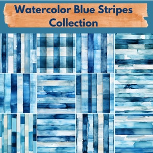 Watercolor Blue Stripes Digital Paper -- Seamless Pattern -- Striped Backgrounds -- 12 Designs -- Commercial and Personal Use --